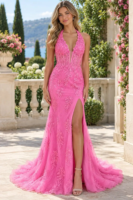 Fuchsia Tulle Lace Halter Mermaid Prom Dress with High Slit & Sweep Train