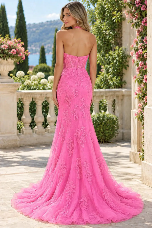 Fuchsia Tulle Lace Halter Mermaid Prom Dress with High Slit & Sweep Train