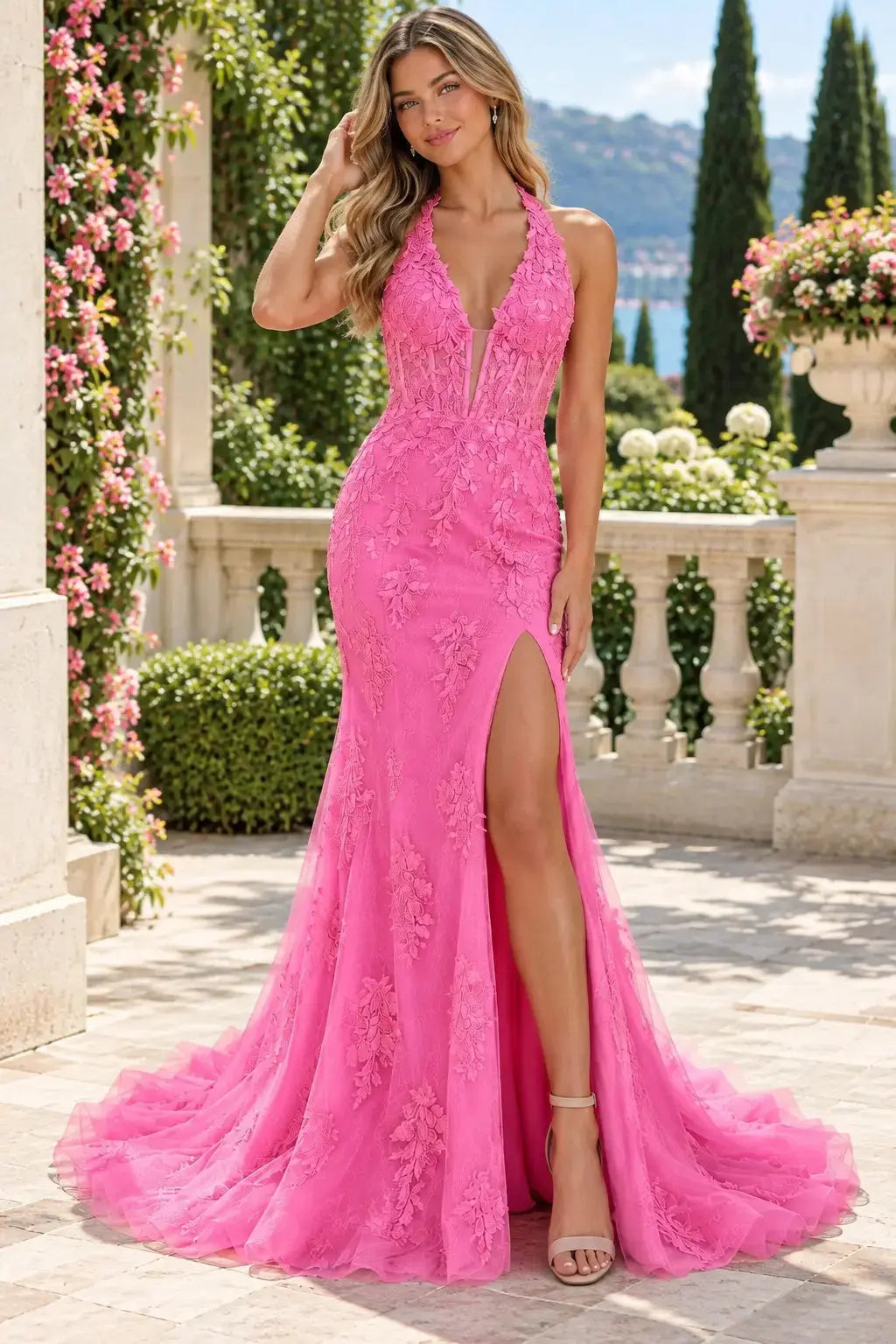 Fuchsia Tulle Lace Halter Mermaid Prom Dress with High Slit & Sweep Train
