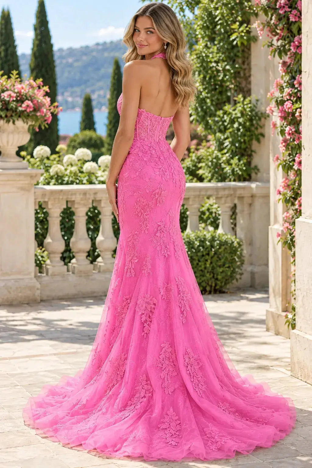 Fuchsia Tulle Lace Halter Mermaid Prom Dress with High Slit & Sweep Train