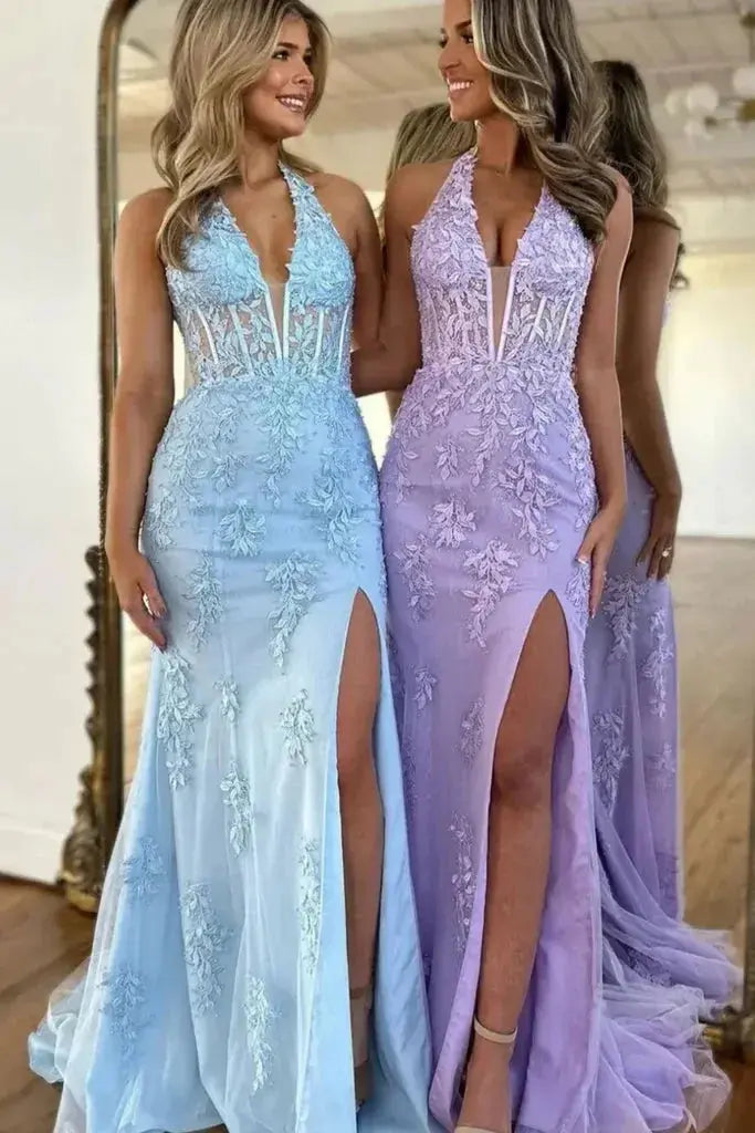 Fuchsia Tulle Lace Halter Mermaid Prom Dress with High Slit & Sweep Train