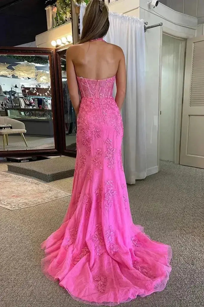 Fuchsia Tulle Lace Halter Mermaid Prom Dress with High Slit & Sweep Train