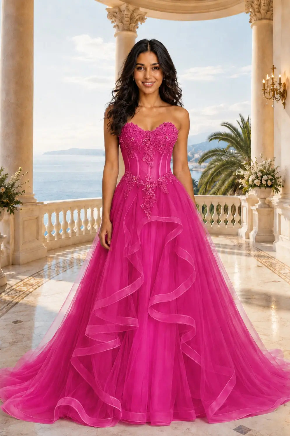 A-line/Princess Sweetheart Sleeveless Sweep Train Tulle Prom Dresses With Beading Appliqued KAIDRESS