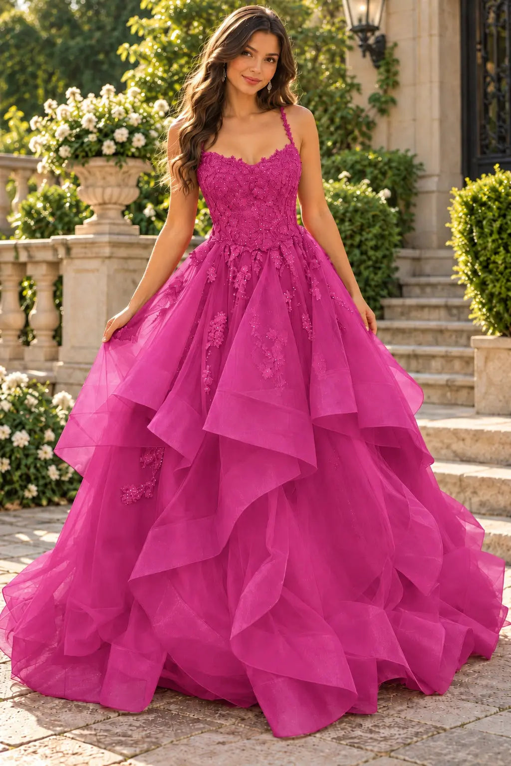 A-line Princess V Neck Floor-Length Tulle Prom Dresses with Appliqued