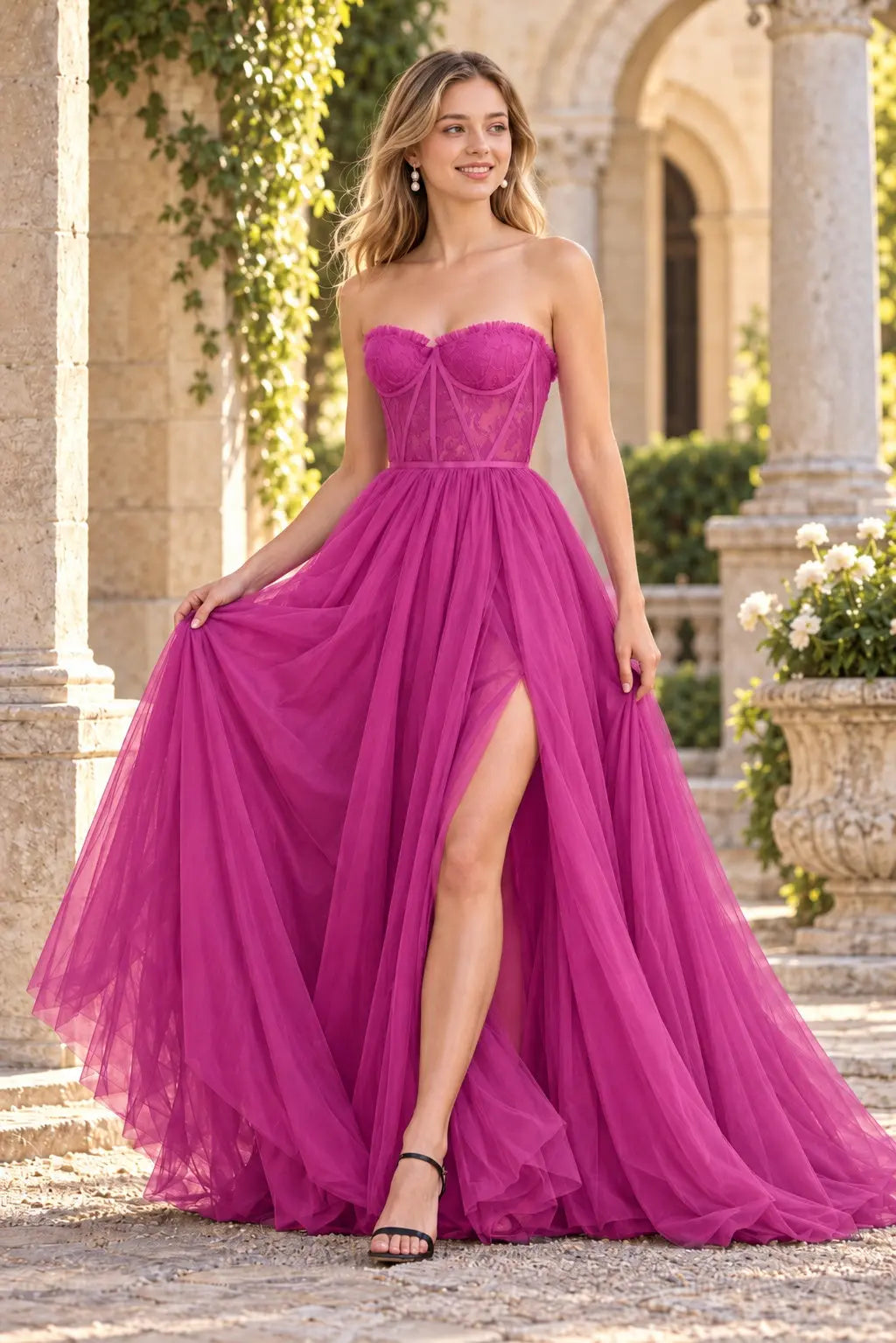 Black Tulle and Lace Corset Prom Dress with High Slit and Lace-Up Back
