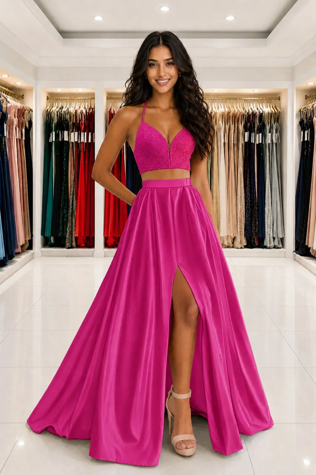 Satin Two Piece Long Modest White Prom Dress Split Formal Evening Gowns Kaidress