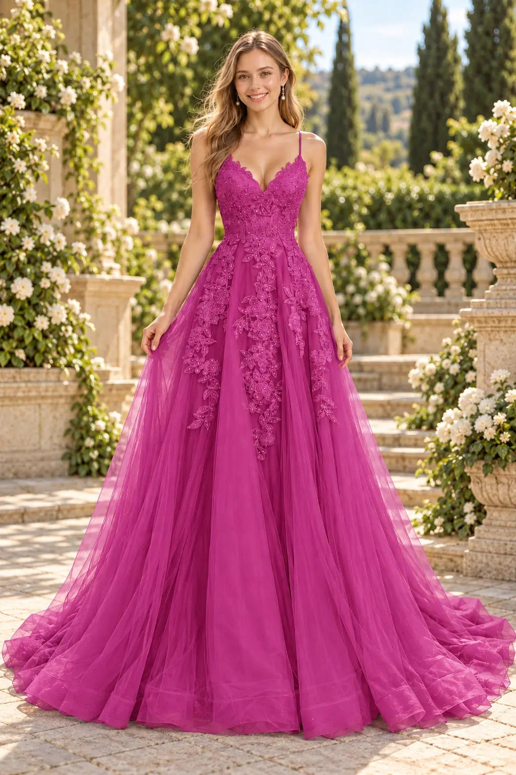 A-line V Neck Spaghetti Straps Sweep Train Tulle Prom Dress With Appliqued