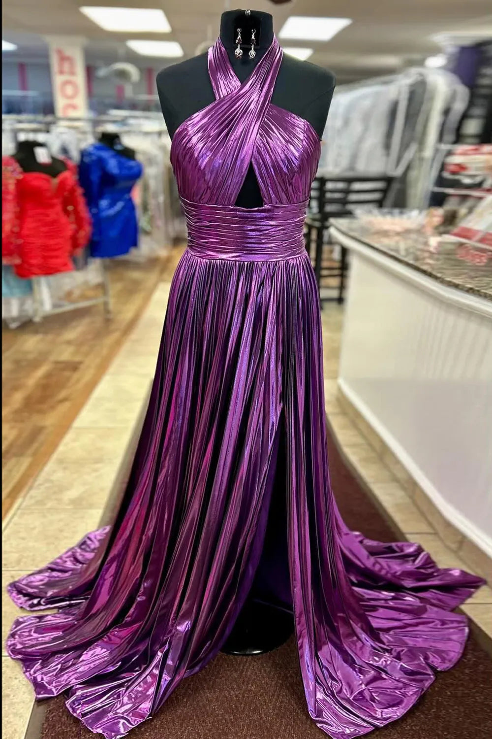 Glitter Fuchsia Formal Prom Dresses Long Halter Princess Evening Gowns