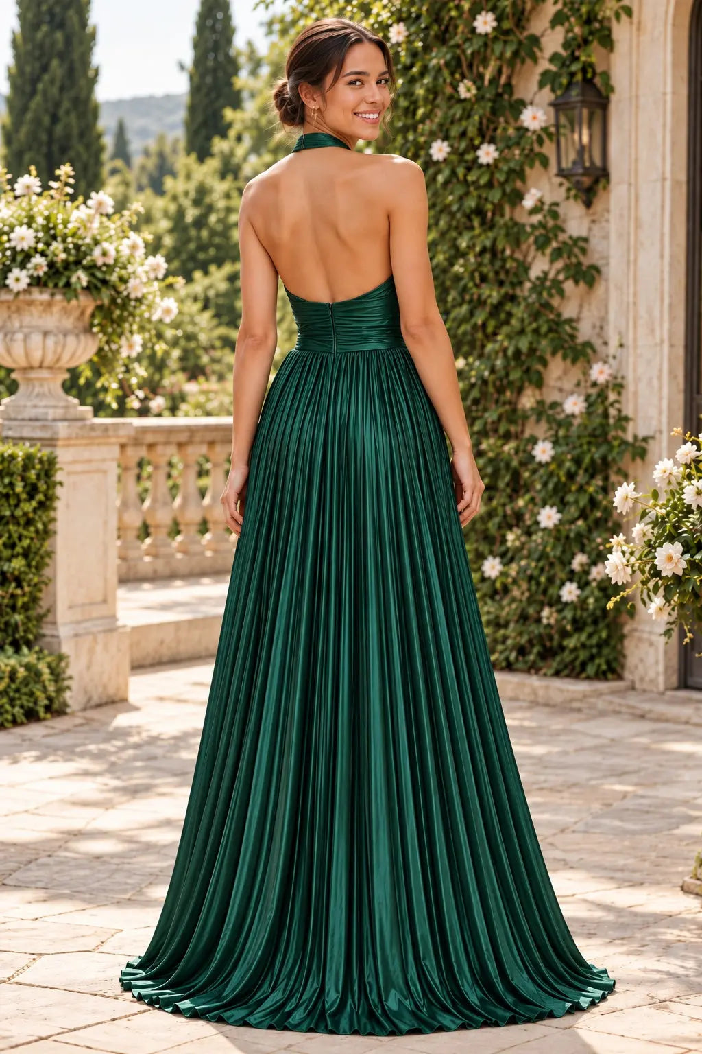 Green Pleated Metallic Halter Prom Dress with Cutout & Thigh-High Slit