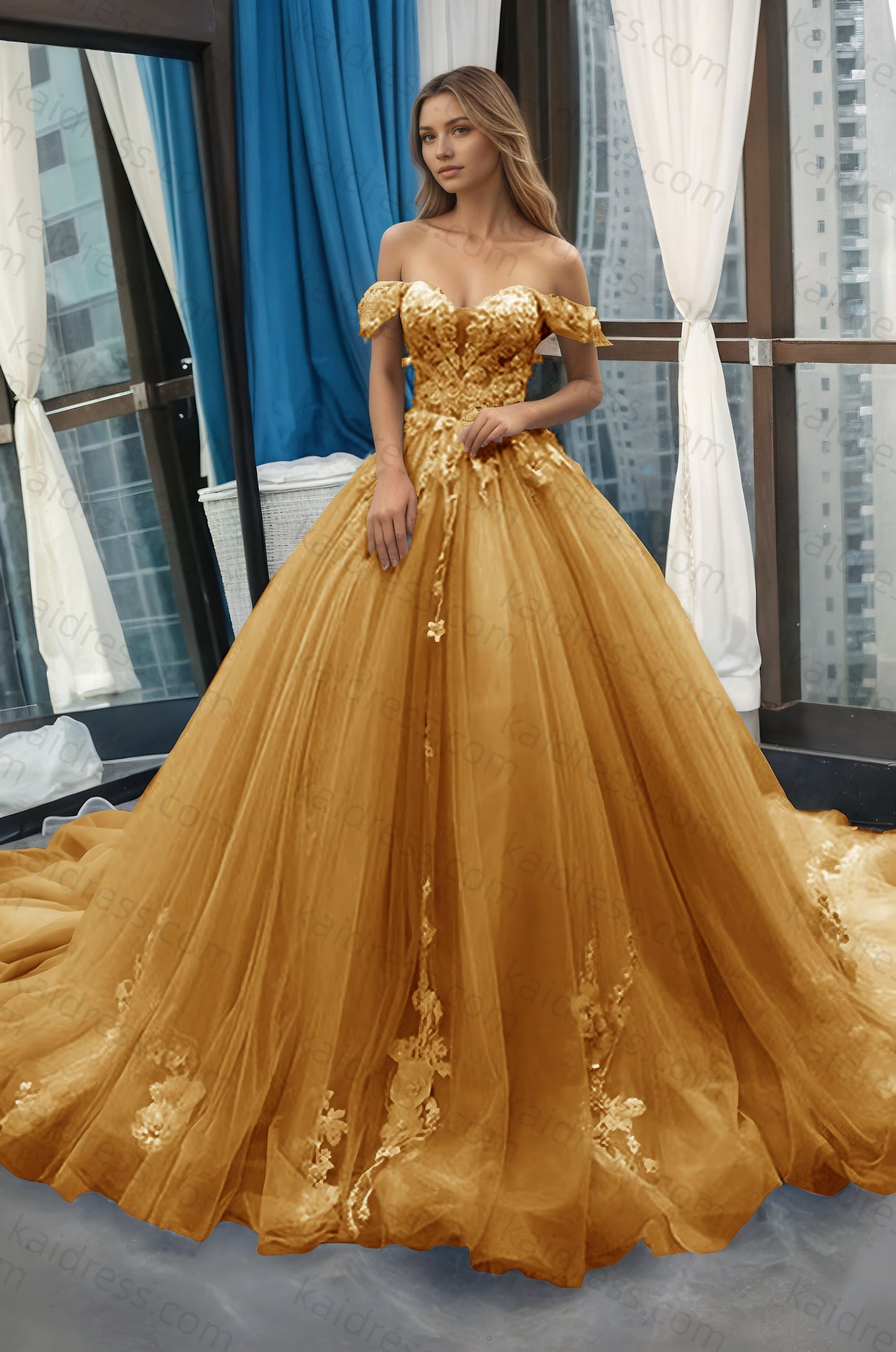 A-Line Off the Shoulder Tulle Applique Long Quinceañera Dresses Blue Formal Prom Dress
