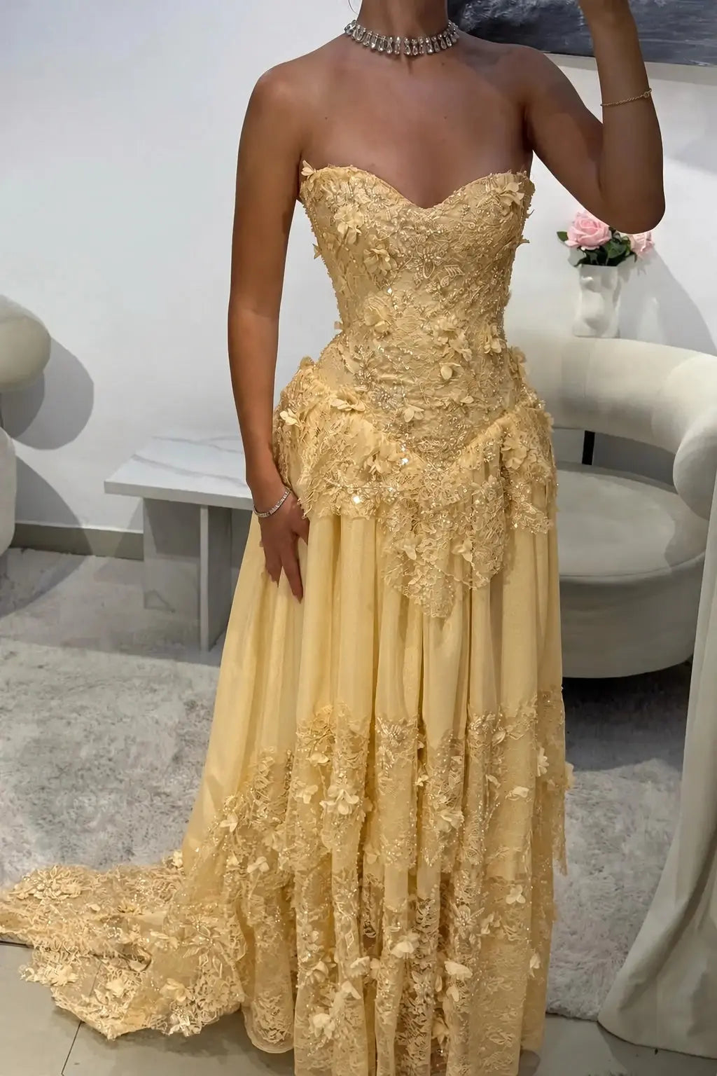 Dreamy Yellow 3D Floral Applique Sweetheart Corset Prom Dress
