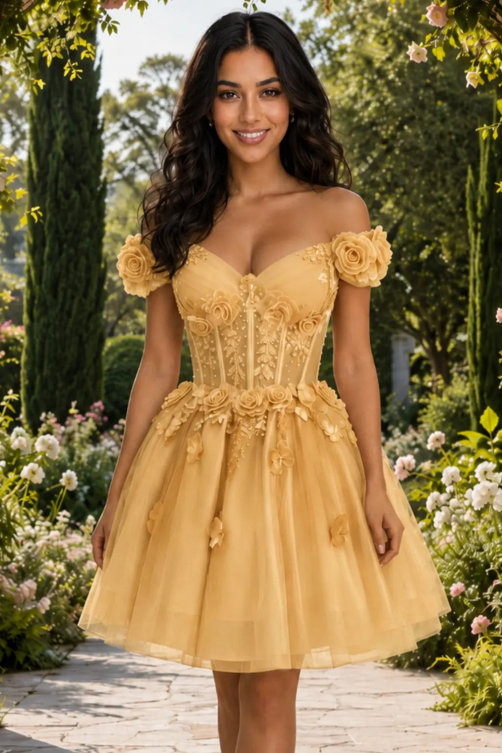A-line Off-the-Shoulder Tulle Short/Mini Homecoming Dress with Appliqued Flowers Sequins KAIDRESS