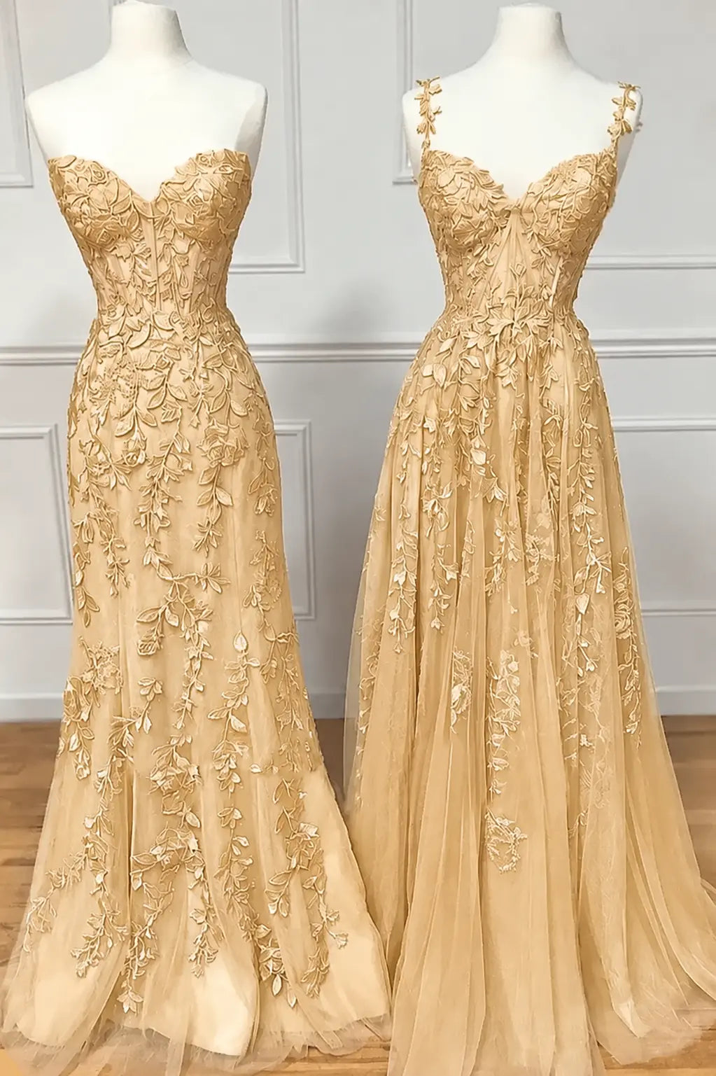 A-line Sweetheart Spaghetti Straps Sweep Train Lace Prom Dress With Beading Kaidress