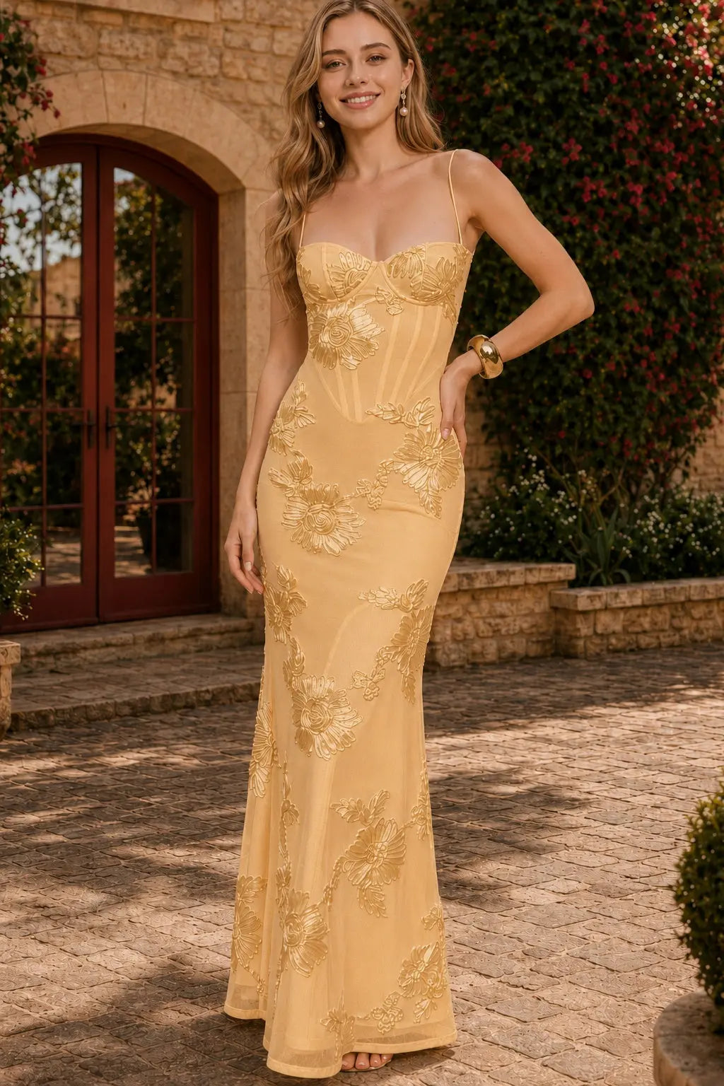 Yellow Spaghetti Straps Sheath Long Prom Dresses With Floral Embroidery KAIDRESS
