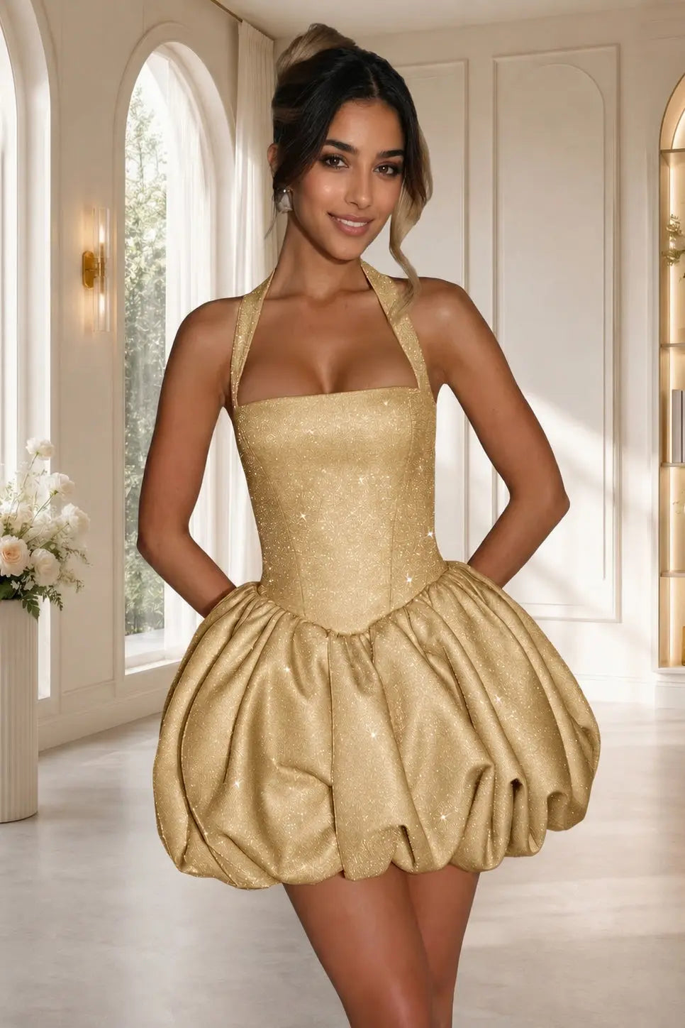 Silver Glitter Halter Corset Bubble-Hem Mini Homecoming Dress Backless KAIDRESS