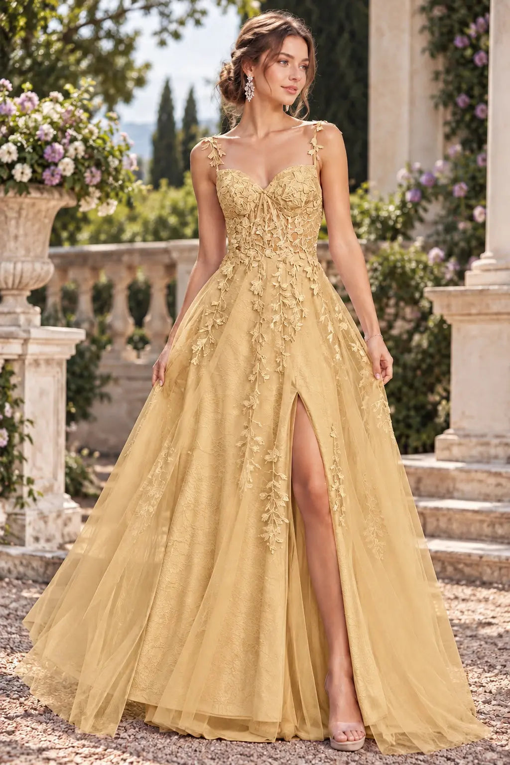 A-line V Neck Sweep Spaghetti Straps Train Tulle Prom Dress with Appliqued Beading