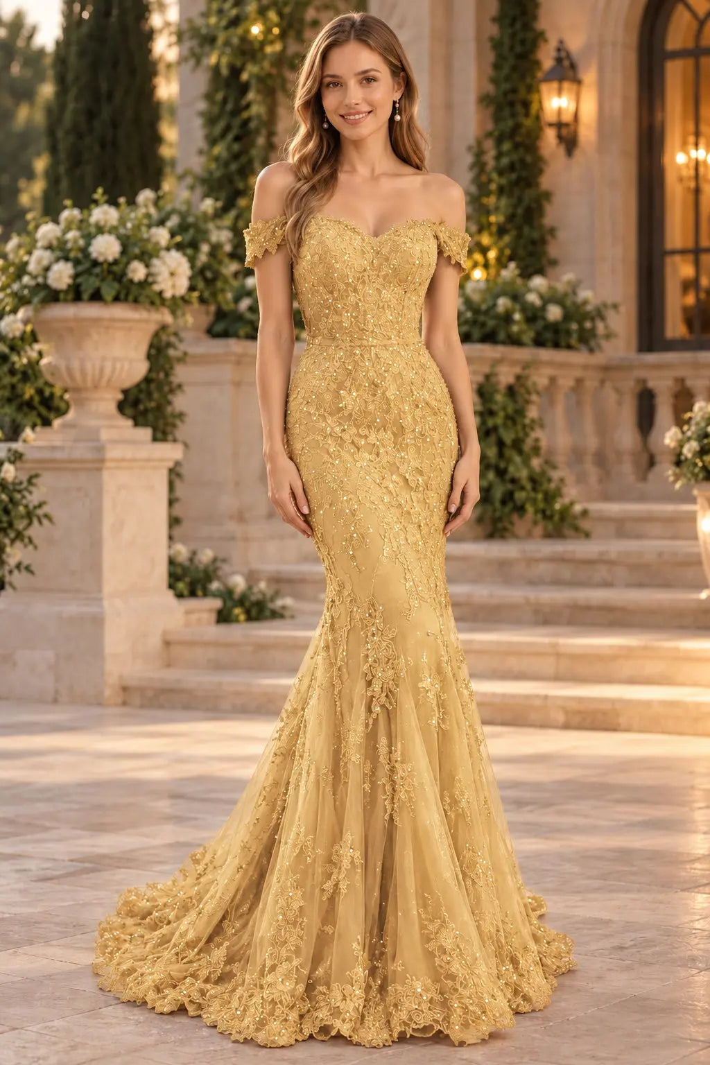 Lace Long/Floor-Length Trumpet/Mermaid Sleeveless Off-The-Shoulder Zipper Prom Dresses With Appliqued Beaded