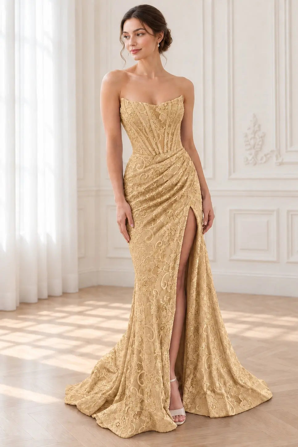 Sheath/Column Off the Shoulder Sleeveless Prom Dresses Long Lace Formal Evening Gowns