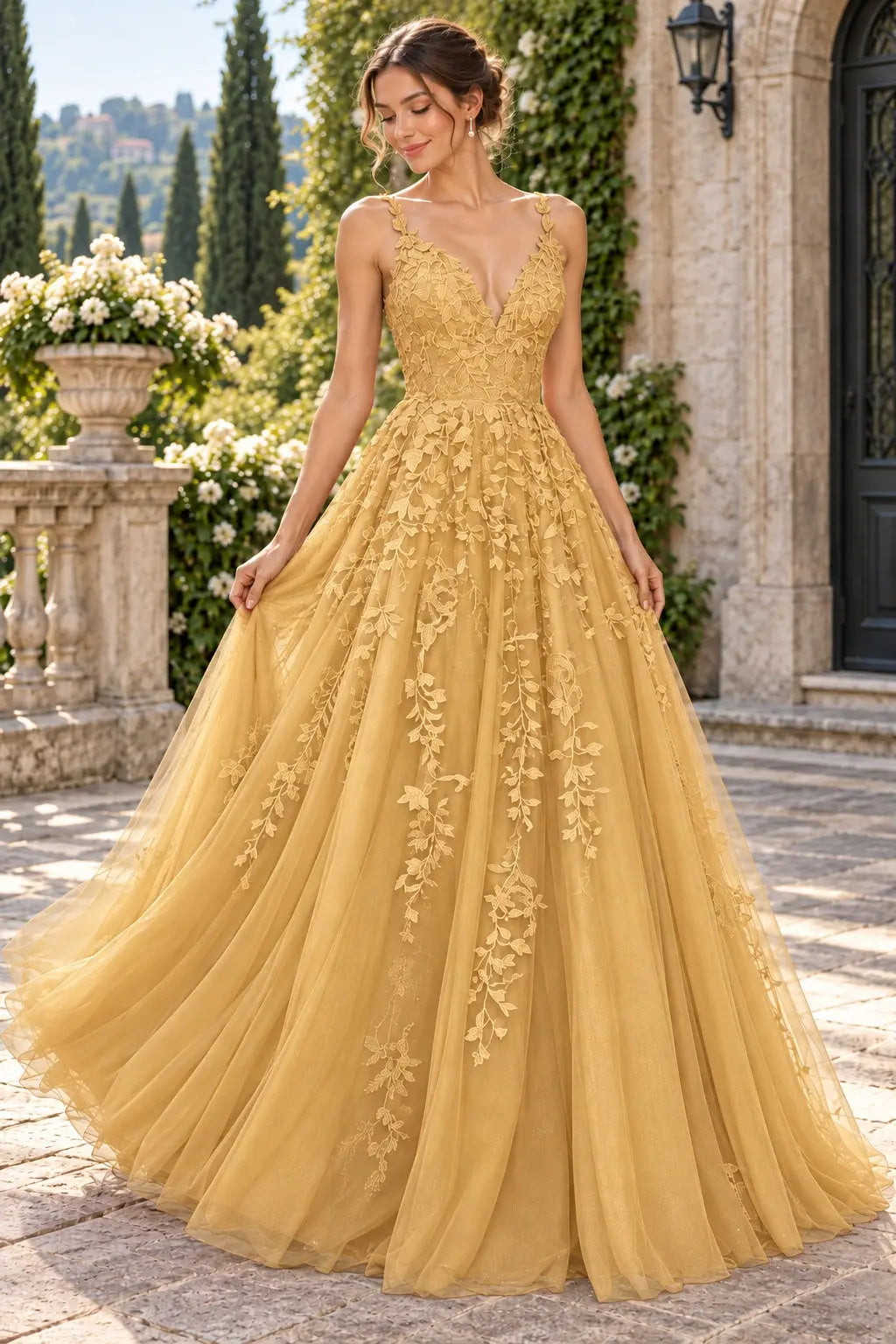 A-Line Lace Prom Dresses Long V Neck Sleeveless Formal Maxi Dress