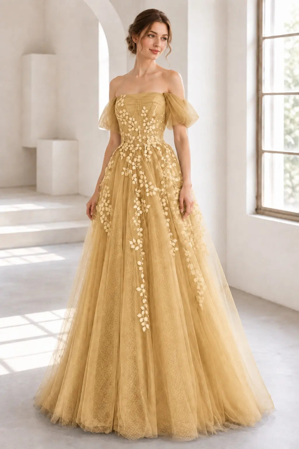 A-Line Tulle Lace Long Prom Dress Off the Shoulder Formal Evening Dress