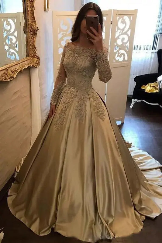 Gold Off Shoulder Satin Ball Gown Prom Dress Long Sleeve Lace Applique