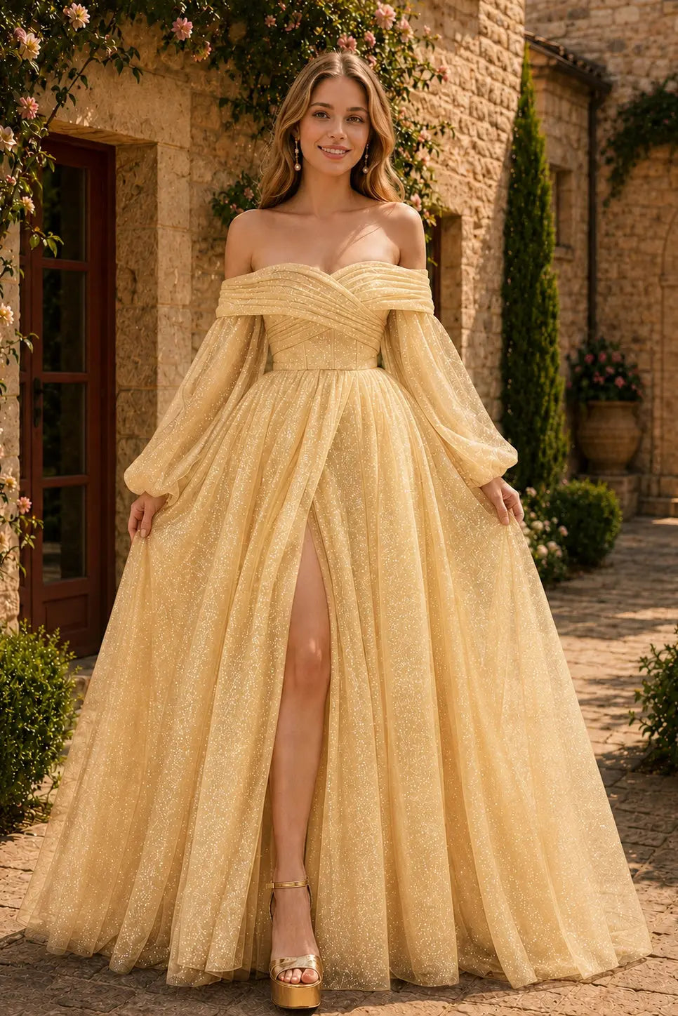 A-Line/Princess Tulle Ruched Long  Off-the-Shoulder Long Sleeves Prom Dresses Detachable Sleeves KAIDRESS