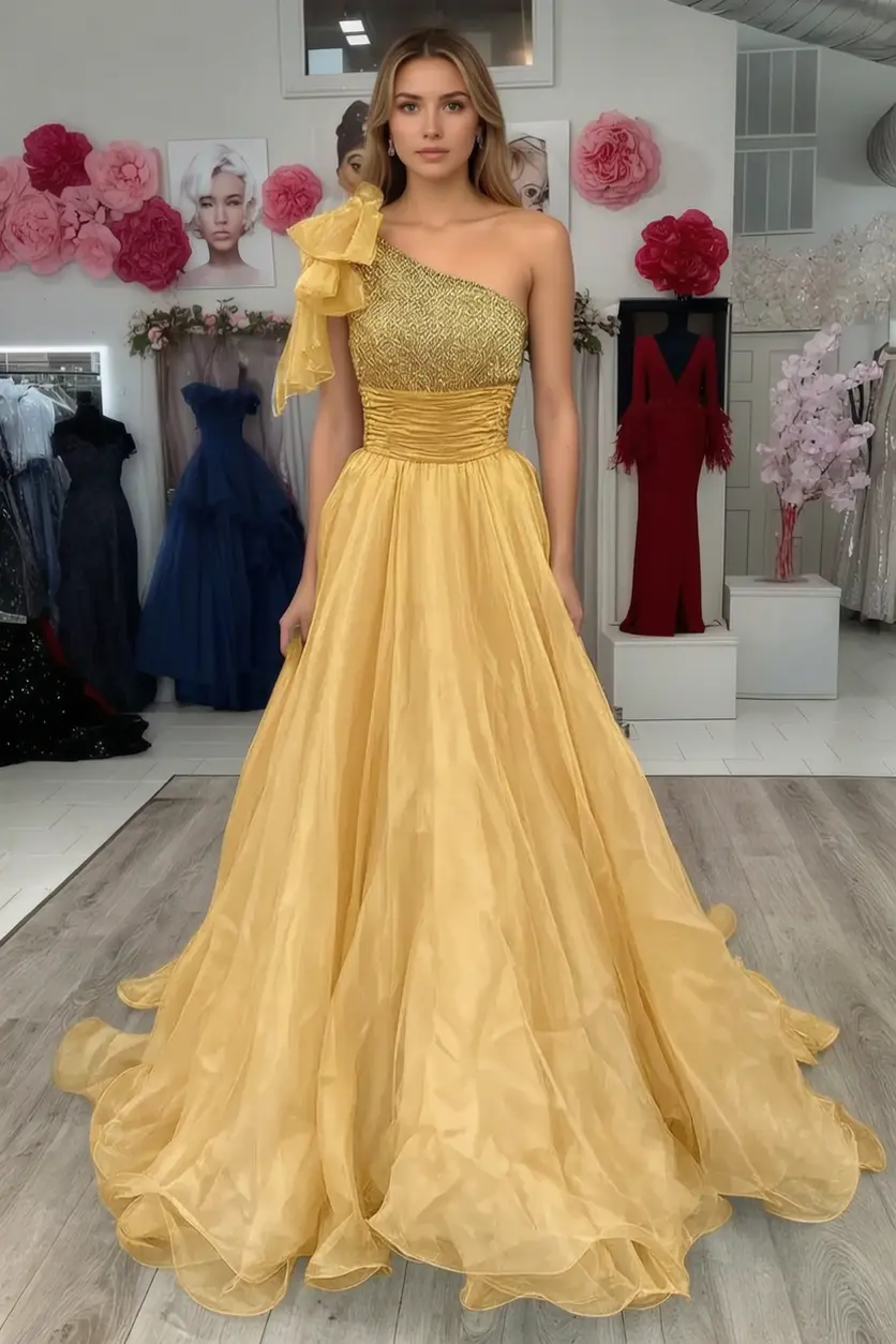 A Line Sparkly Sky Blue One Shoulder Long Prom Dress with Beading KAIDRESS