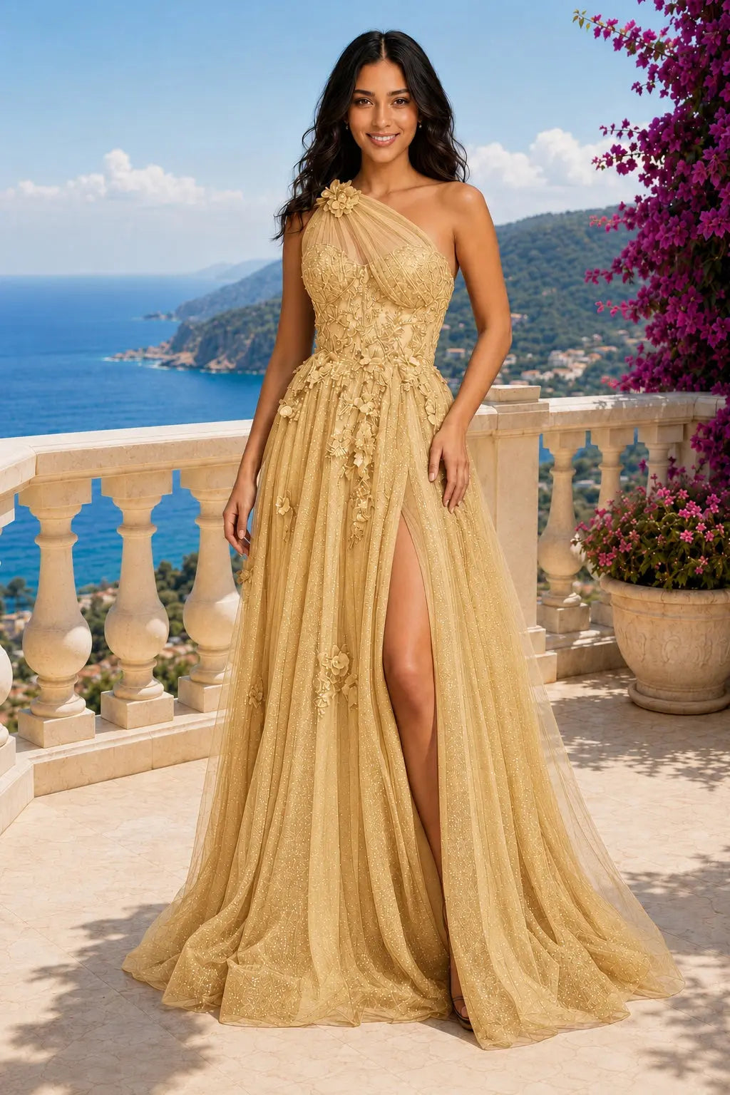 A-line One-Shoulder Sleeveless Long/Floor-Length Tulle Prom Dresses with Appliqued Split KAIDRESS