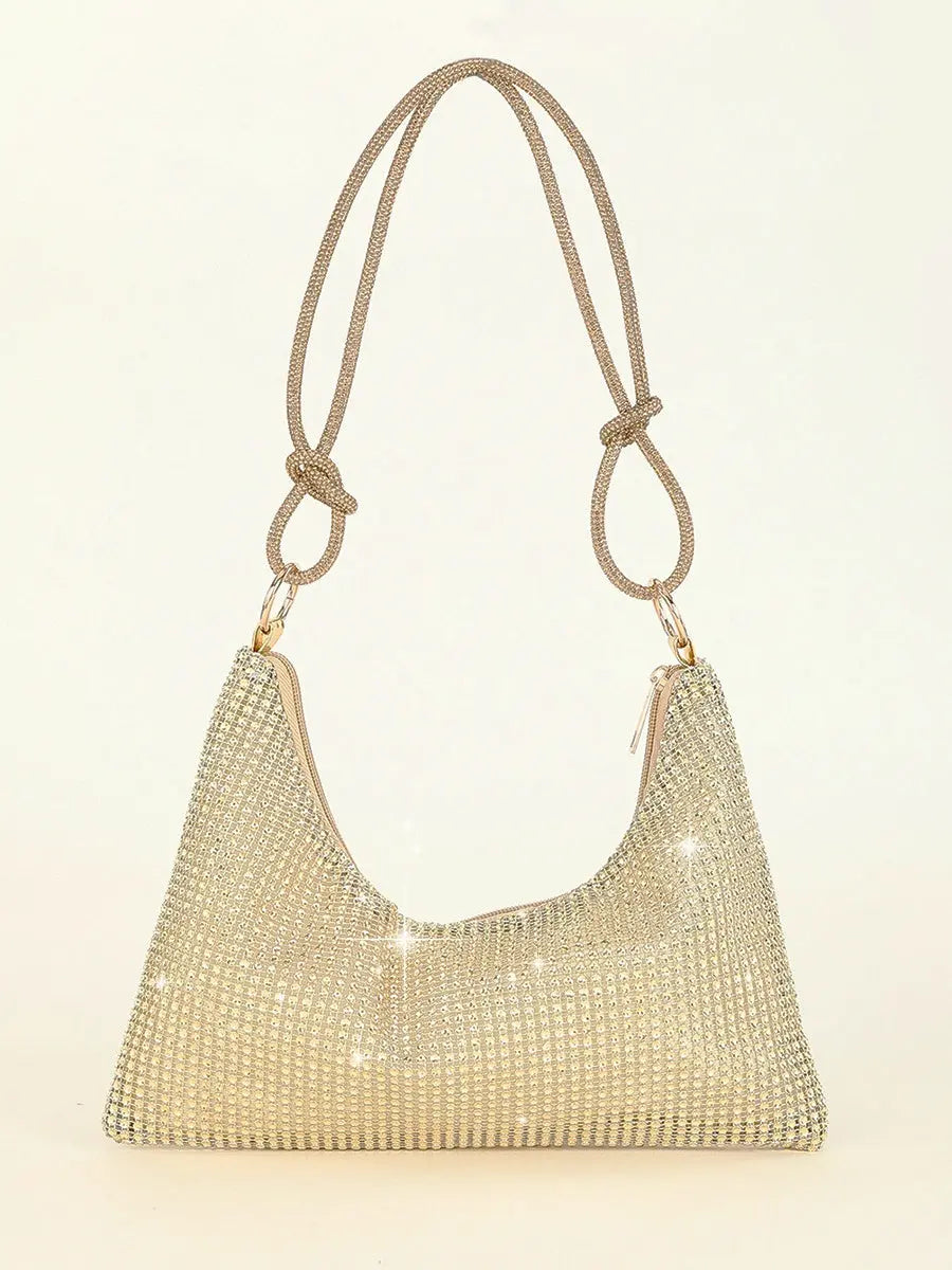 Gold Rhinestone Hobo Shoulder Bag with Adjustable Knotted Strap