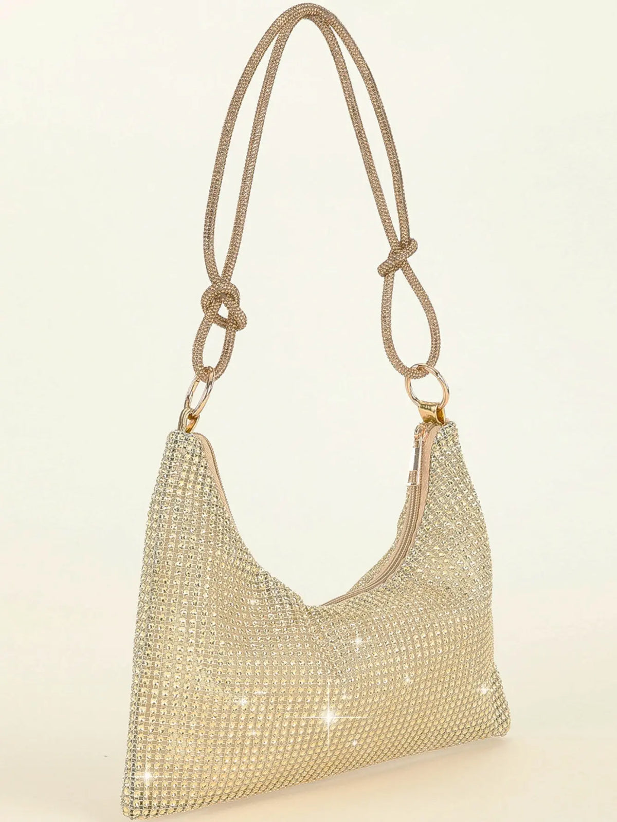 Gold Rhinestone Hobo Shoulder Bag with Adjustable Knotted Strap