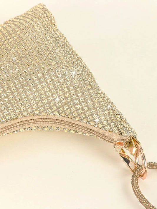 Gold Rhinestone Hobo Shoulder Bag with Adjustable Knotted Strap