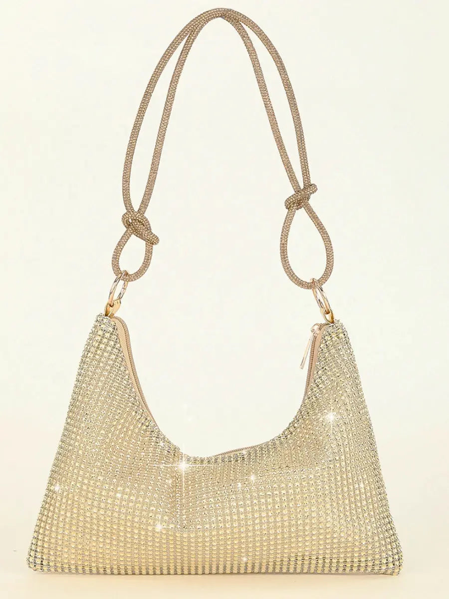 Gold Rhinestone Hobo Shoulder Bag with Adjustable Knotted Strap