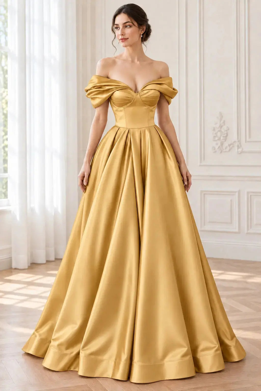 A-line Off-the-Shoulder Short Sleeve Satin Long/Floor-Length Prom Dresses With Ruffles Split KAIDRESS