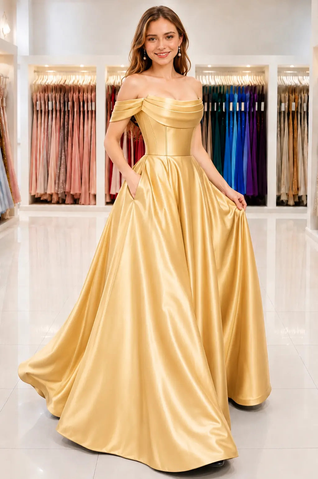 A-Line Satin Long Prom Dress, Simple Off the Shoulder Evening Party Dress With Pockets KAIDRESS