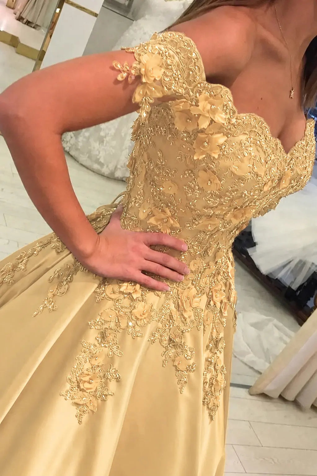 Appliqued Off-The-Shoulder Satin Princess Prom Dress With Beads