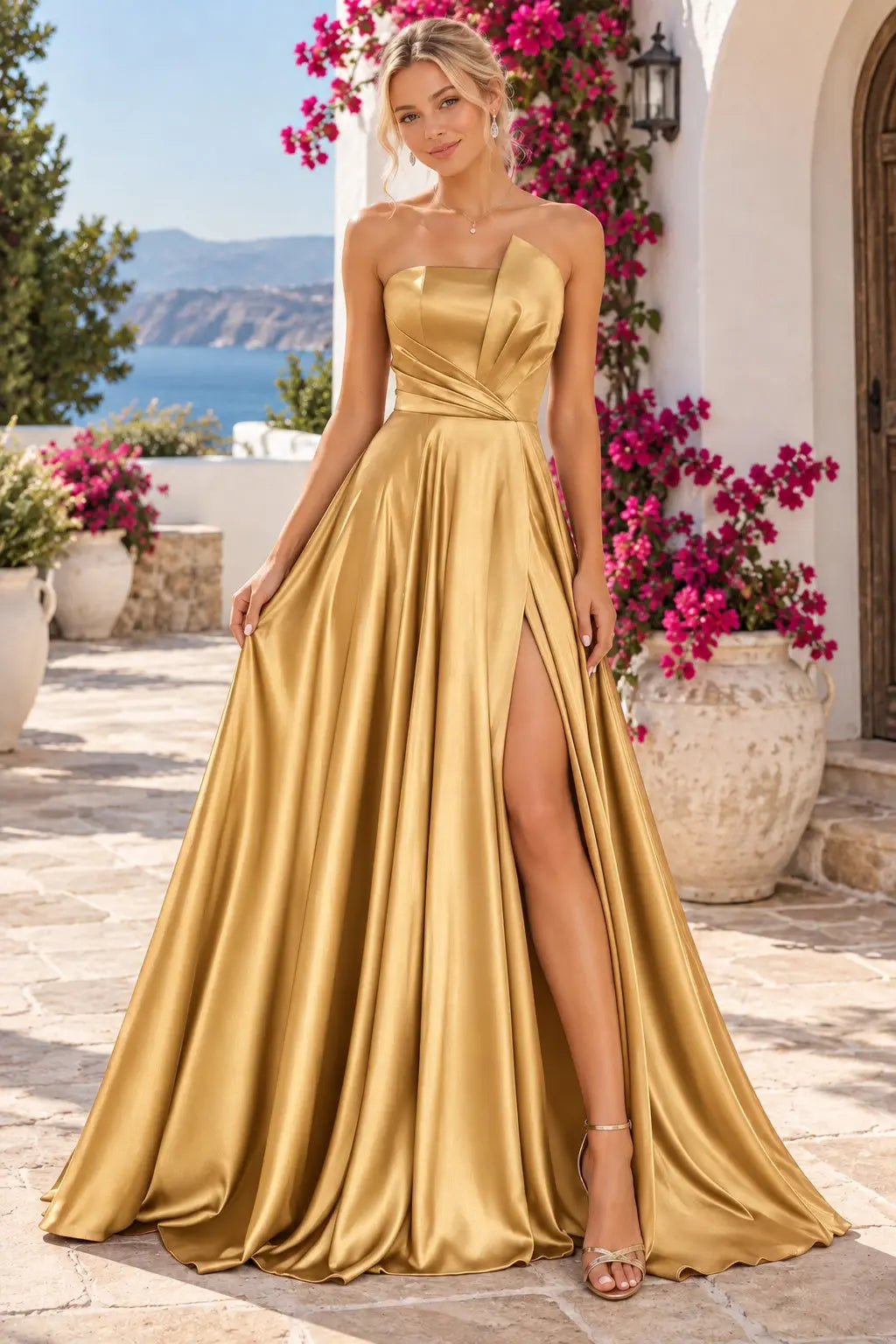 A-line Satin Formal Long Simple Sleeveless Prom Dresses with Slit