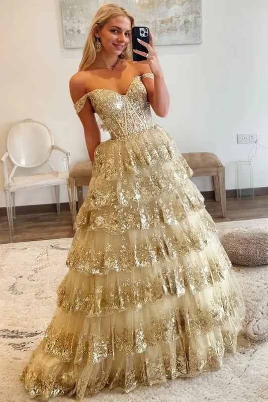 Gold Sequin Off-Shoulder Corset Ball Gown Prom Dress With Ruffles