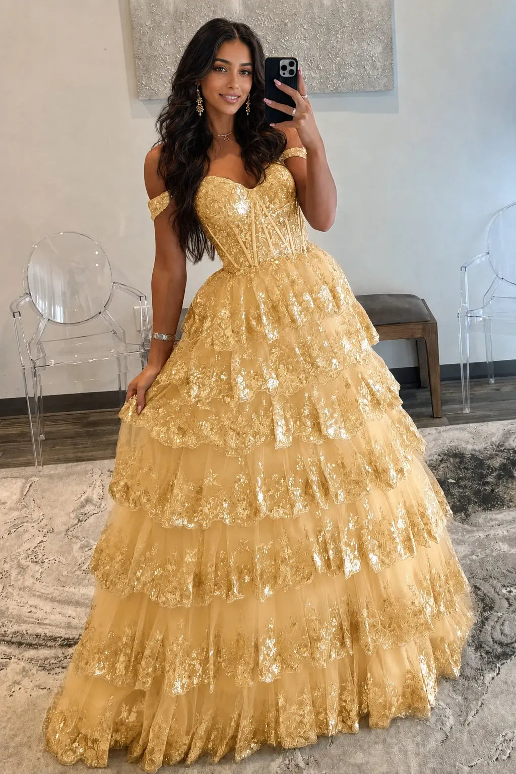 A-Line/Princess Princess Off the Shoulder Sequined Lace Prom Dress KAIDRESS