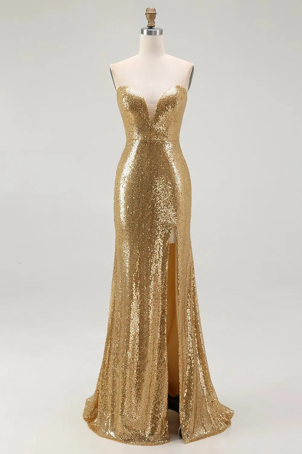 Gold Sequin Strapless Mermaid Prom Dress With High Slit and Train