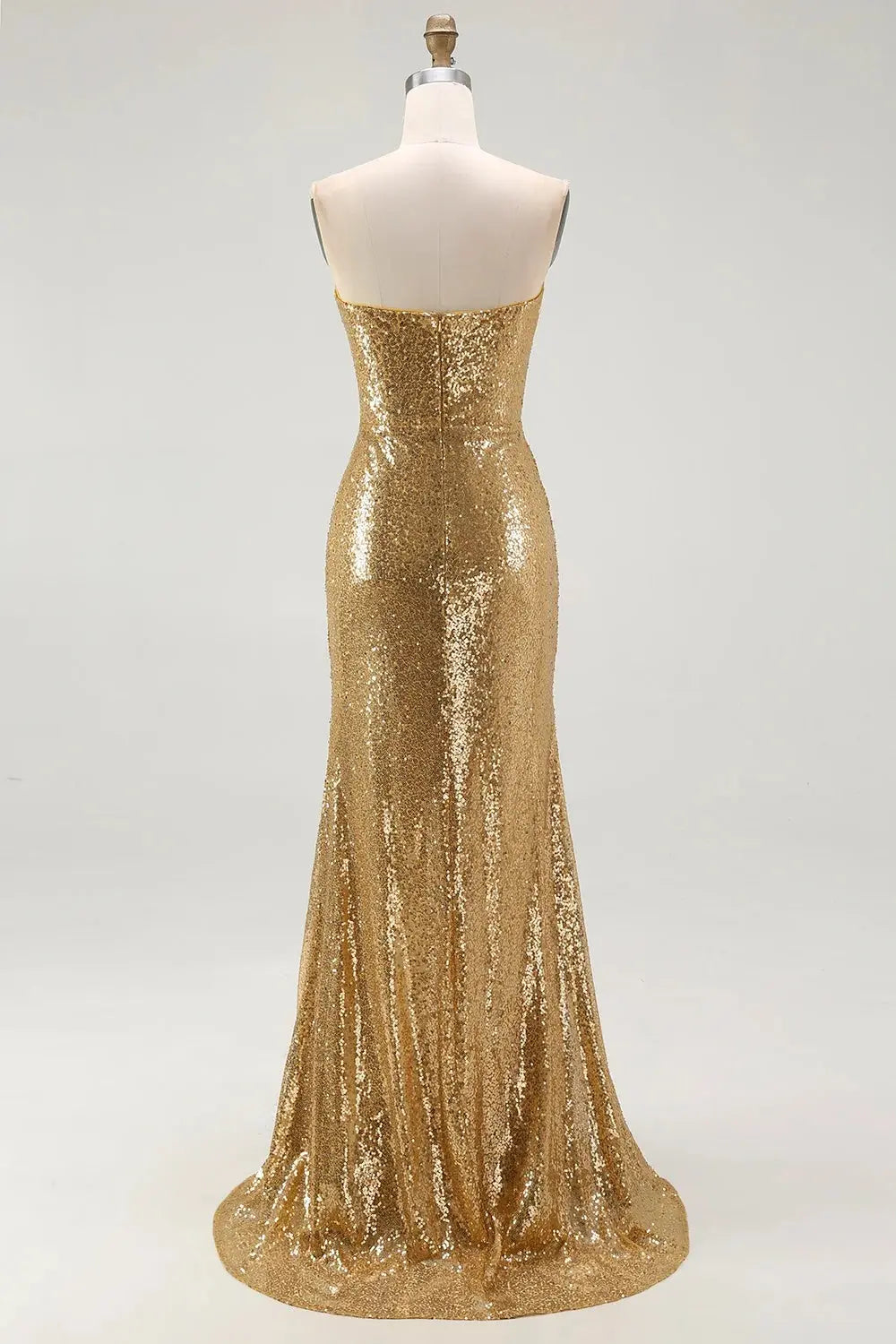 Gold Sequin Strapless Mermaid Prom Dress With High Slit and Train