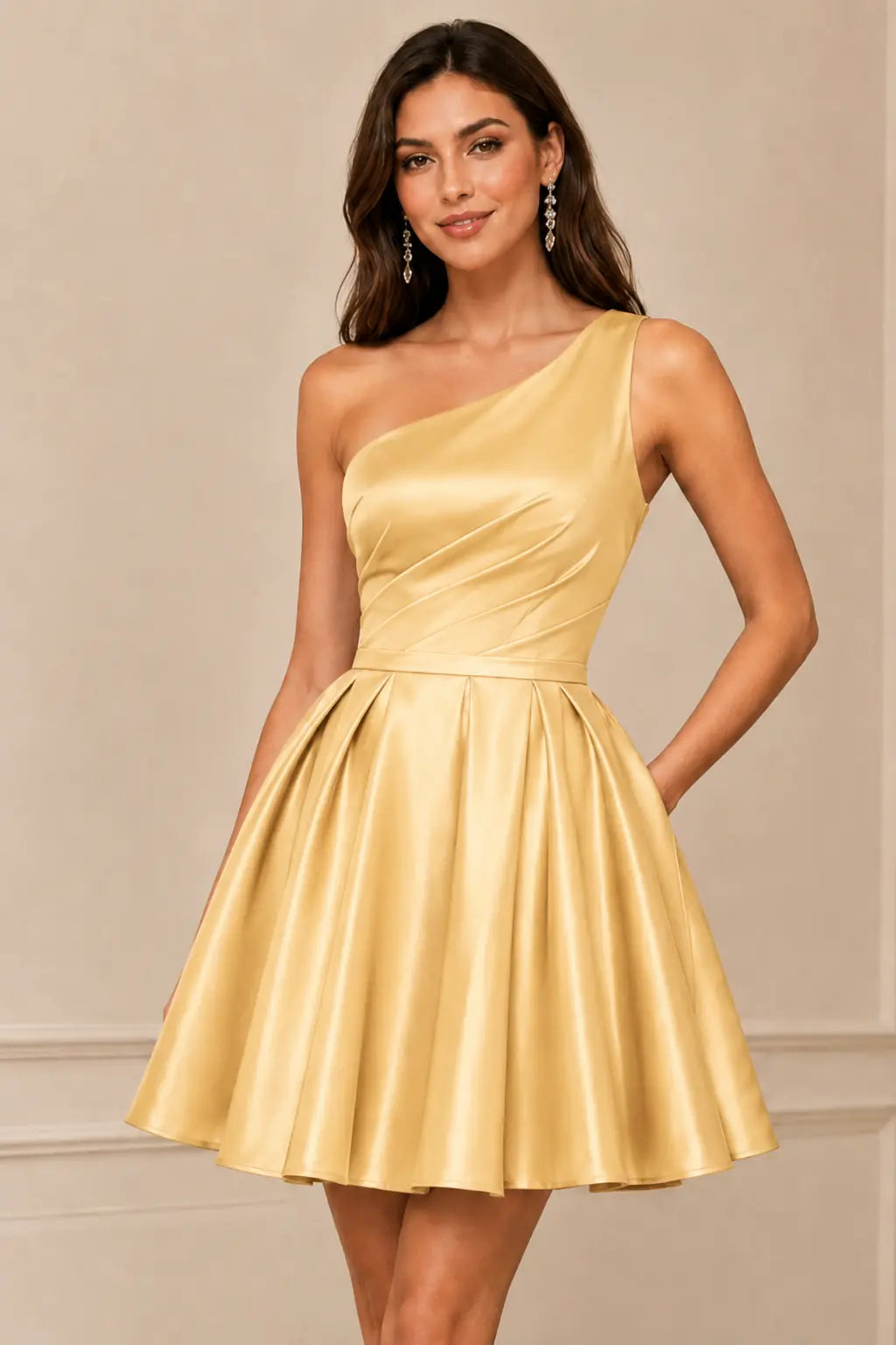 Green One Shoulder Satin Mini A Line Homecoming Dress With Pockets KAIDRESS