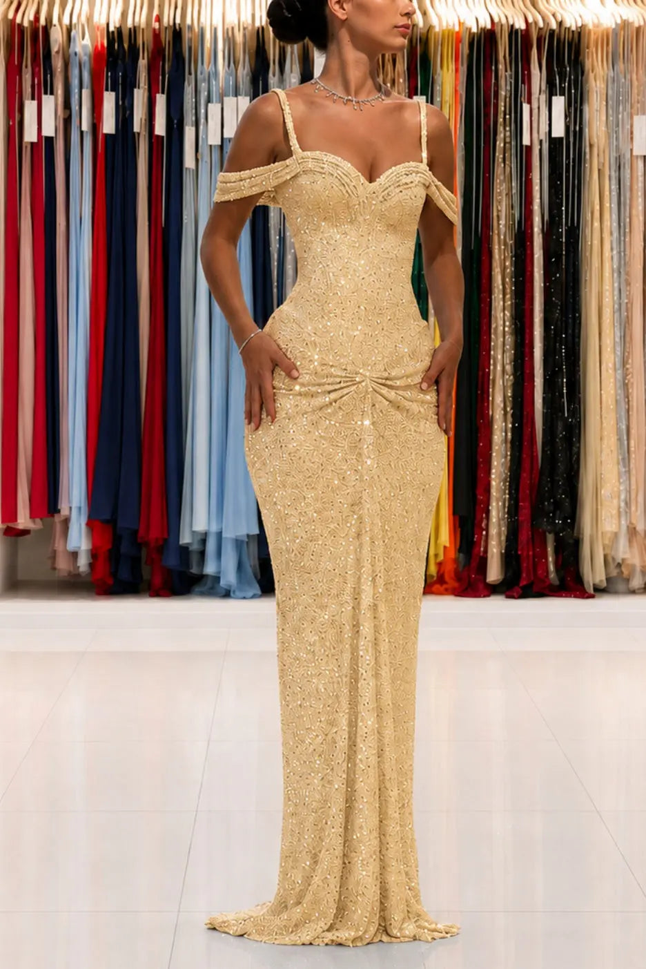 Luxury Sparkly Lace Off-Shoulder Long Beaded Prom Gown with Slender Straps KAIDRESS