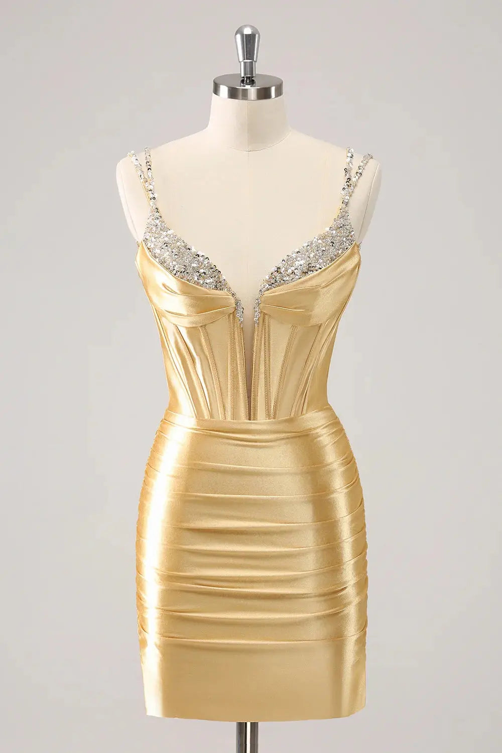 Gold Sparkly Mini Homecoming Dress Rhinestone Corset Cocktail Dress