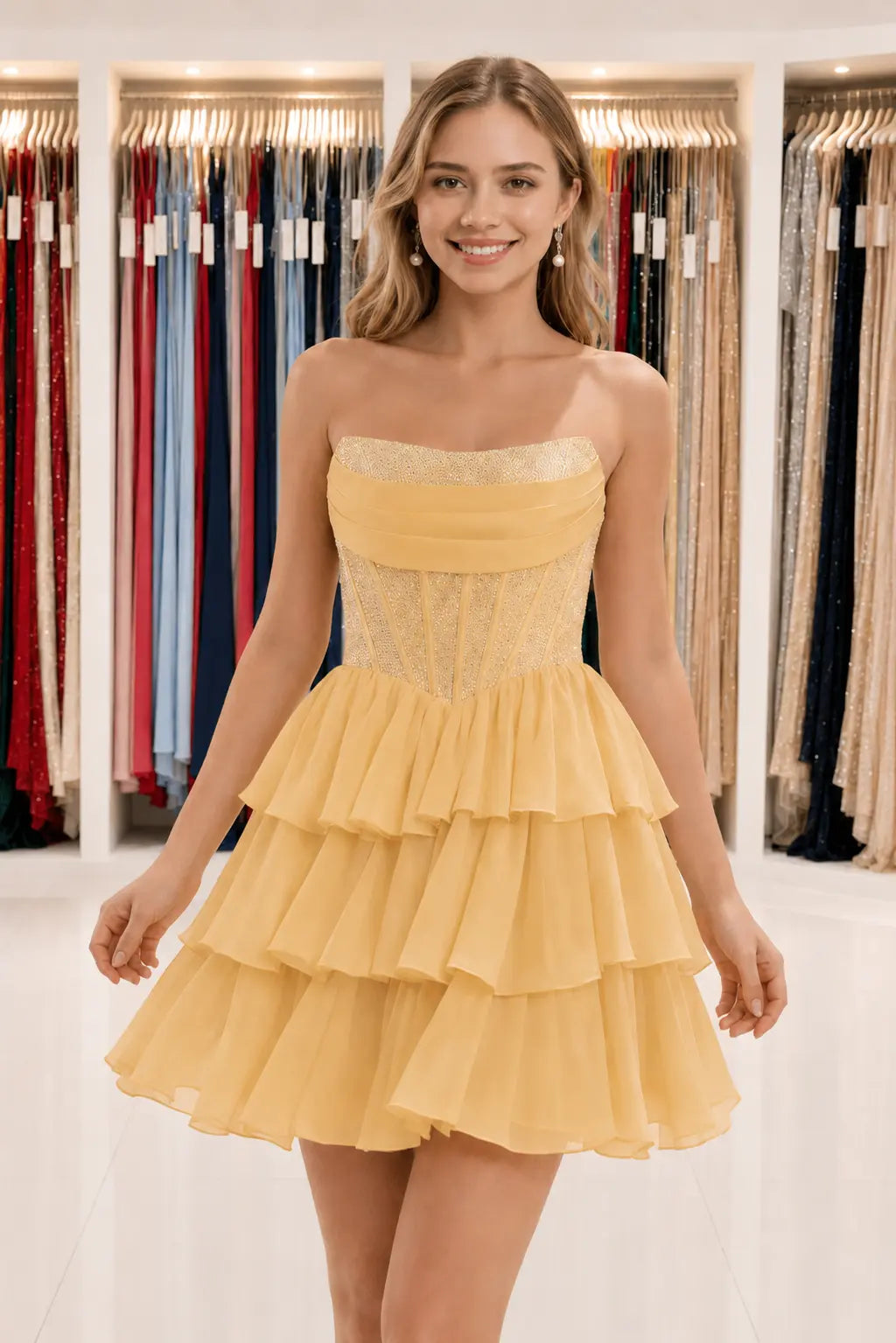 Daffodil Strapless Corset Tiered Ruffle Mini Homecoming Dress With Beading KAIDRESS