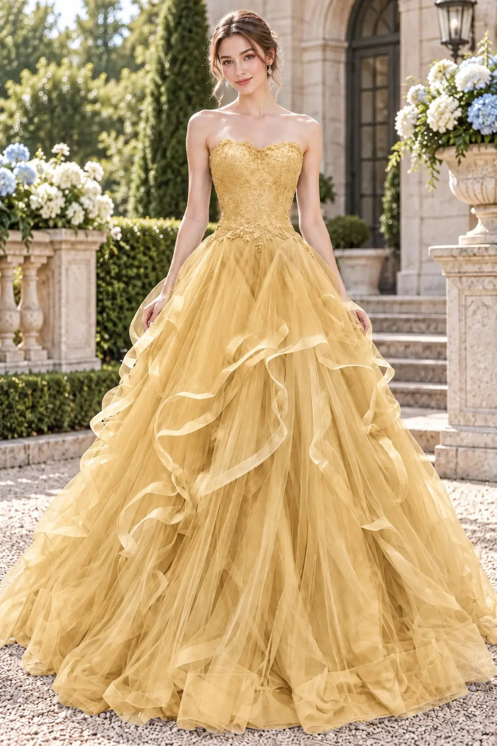 Blue Tulle Lace Long Prom Dresses Princess Layered Formal Evening Gowns
