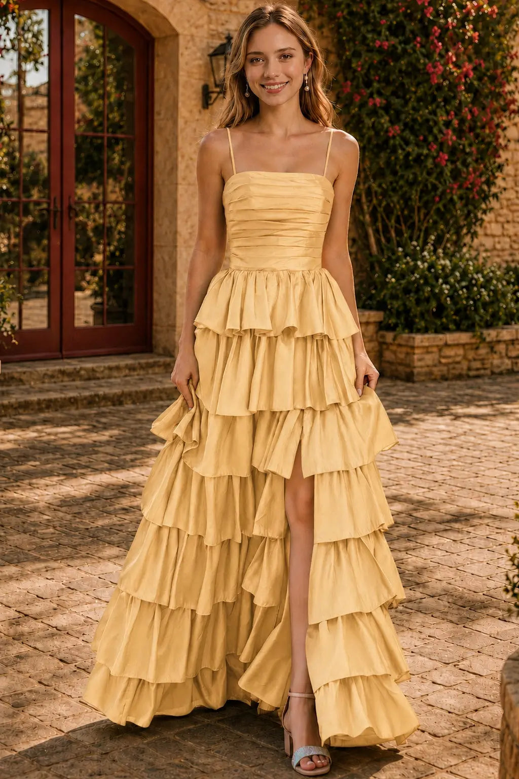 A-line Square Neckline Spaghetti Straps Floor-Length Taffeta Prom Dress with Ruffles Slit KAIDRESS