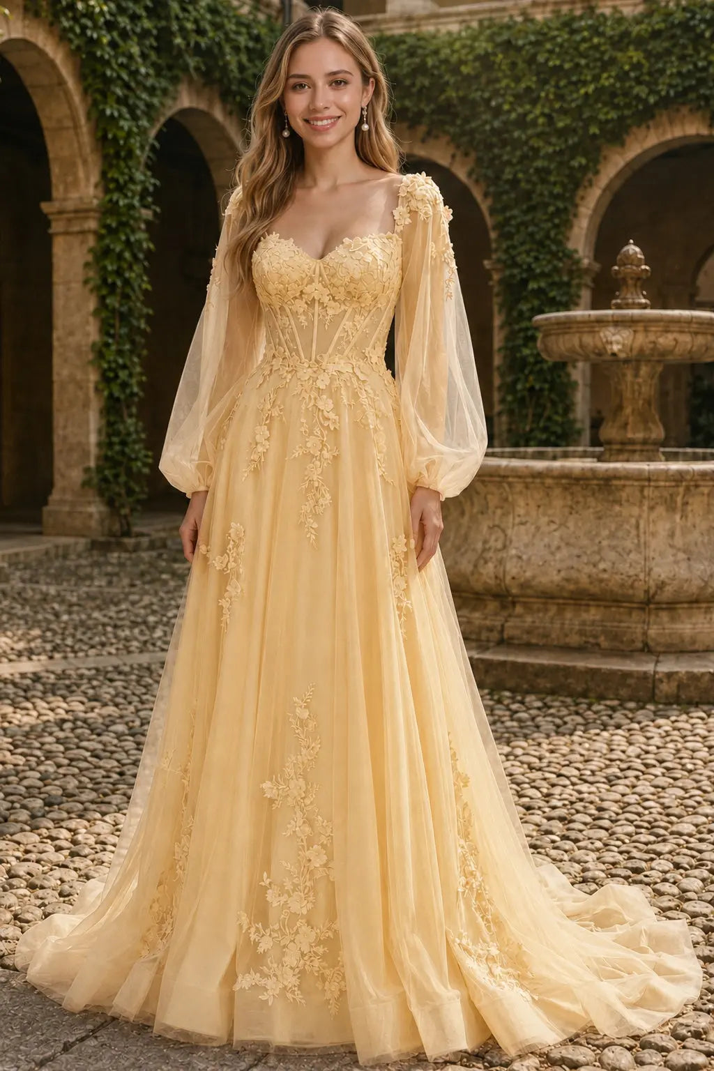 A-line 3D Floral Lace Applique Tulle Long Sleeves Prom Dress