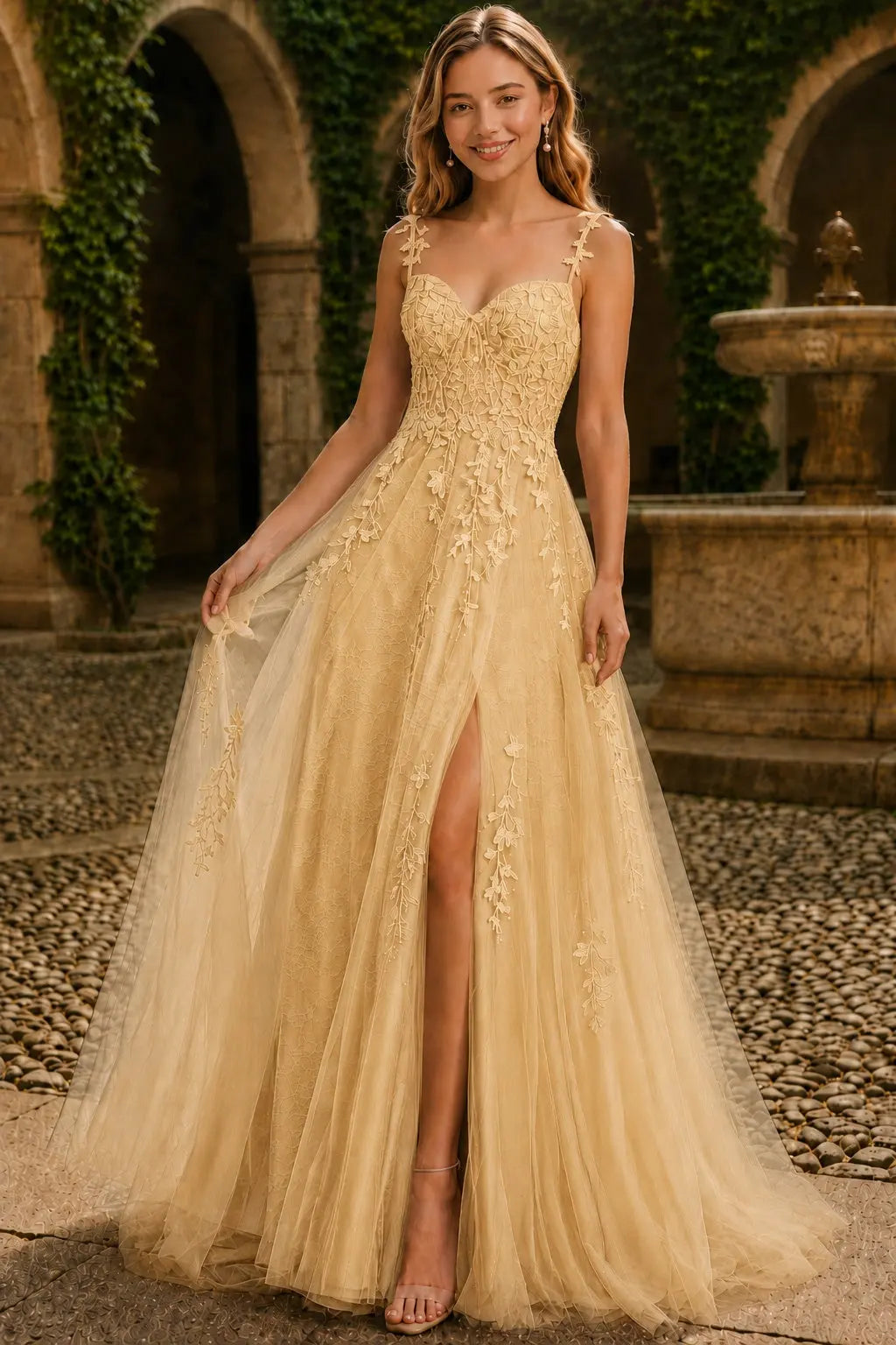 A-line V Neck Sweep Spaghetti Straps Train Tulle Prom Dress with Appliqued Beading