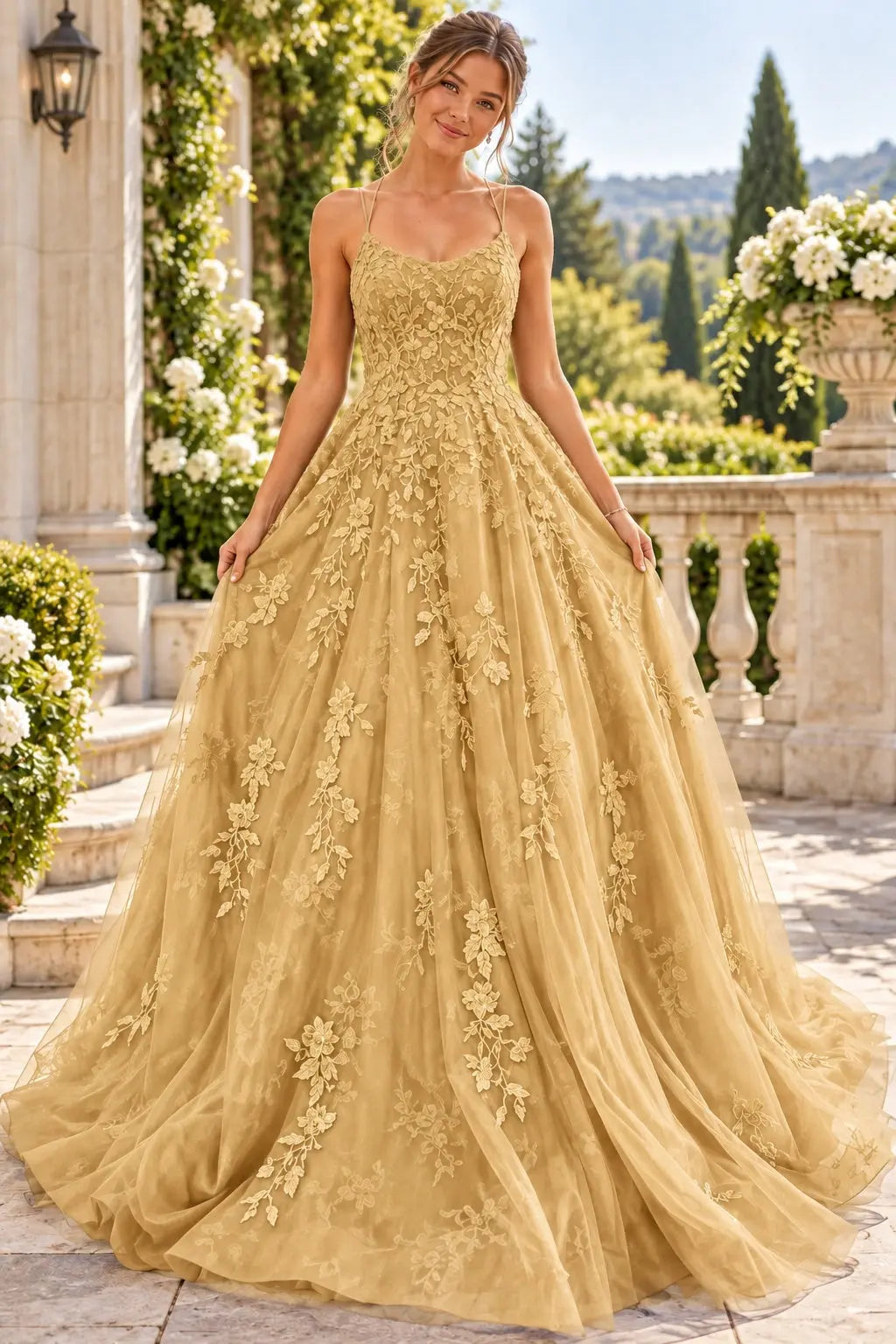 A-line Bateau Neckline Spaghetti Straps Long/Sweep Train Tulle Lace Prom Dresses
