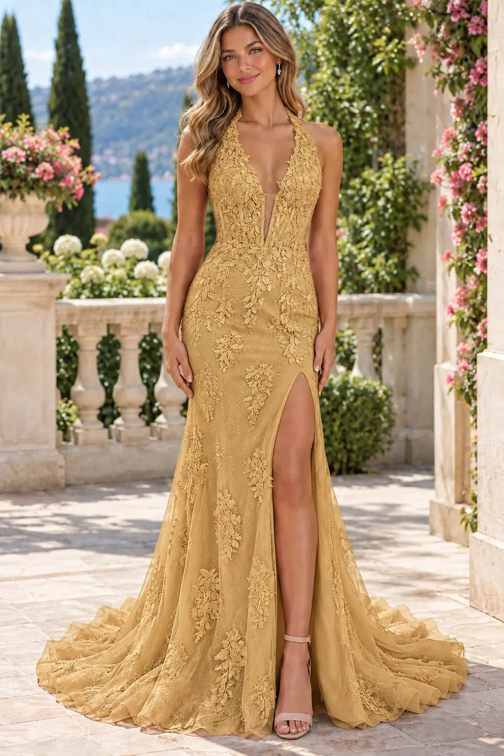 Trumpet/Mermaid V-Neck Tulle Lace Sleeveless Long Prom Dress